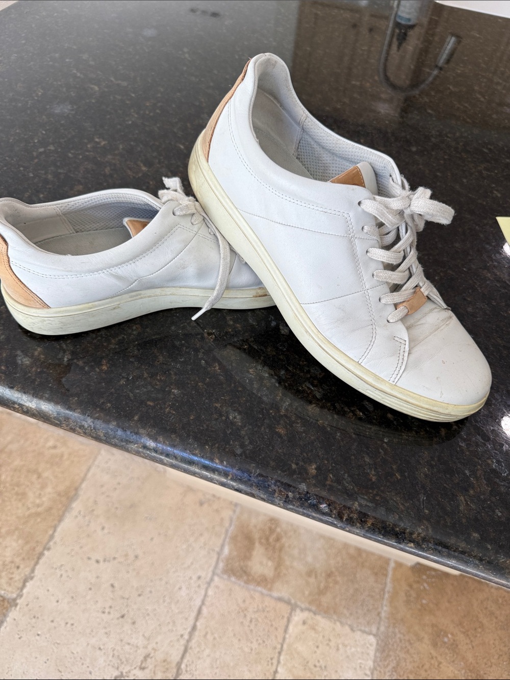 Ecco Off-White Leather Sneakers with Tan Heel Accent